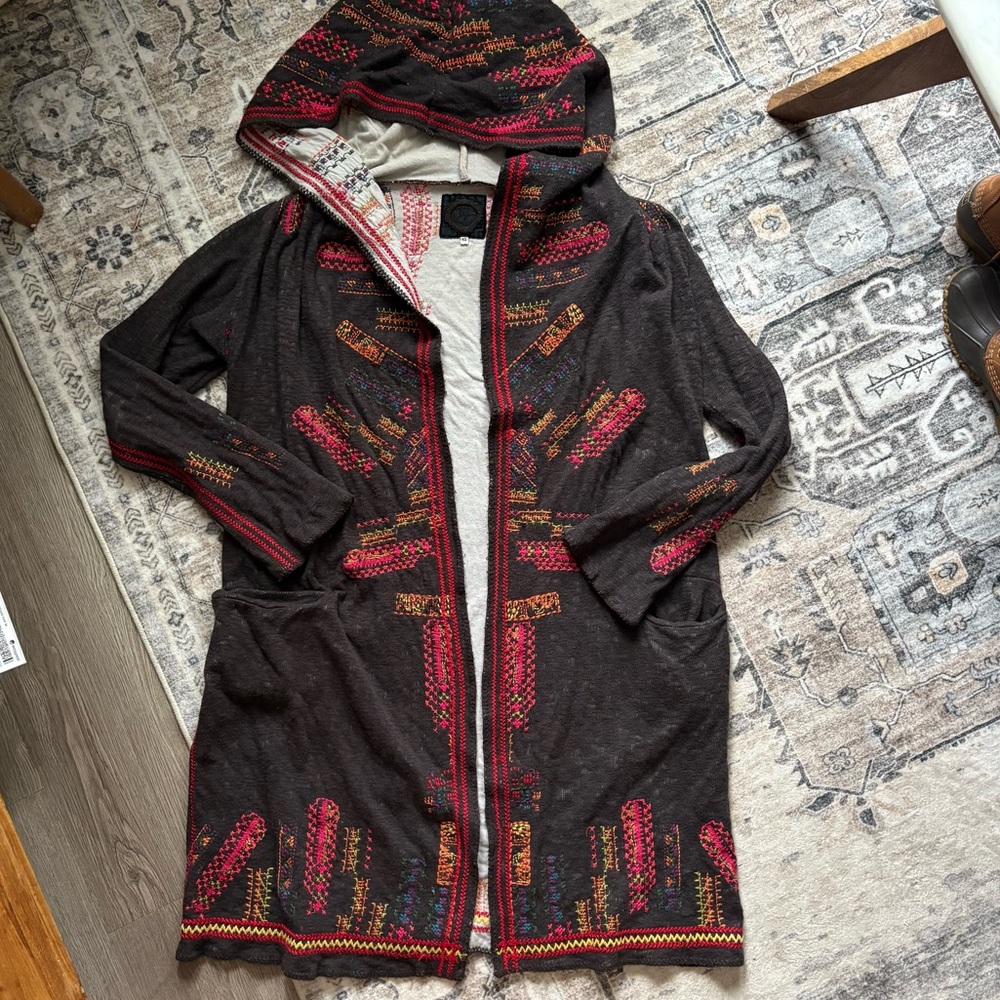 Johnny Was Black Hoodie Cardigan with Pink & Gold Embroidery